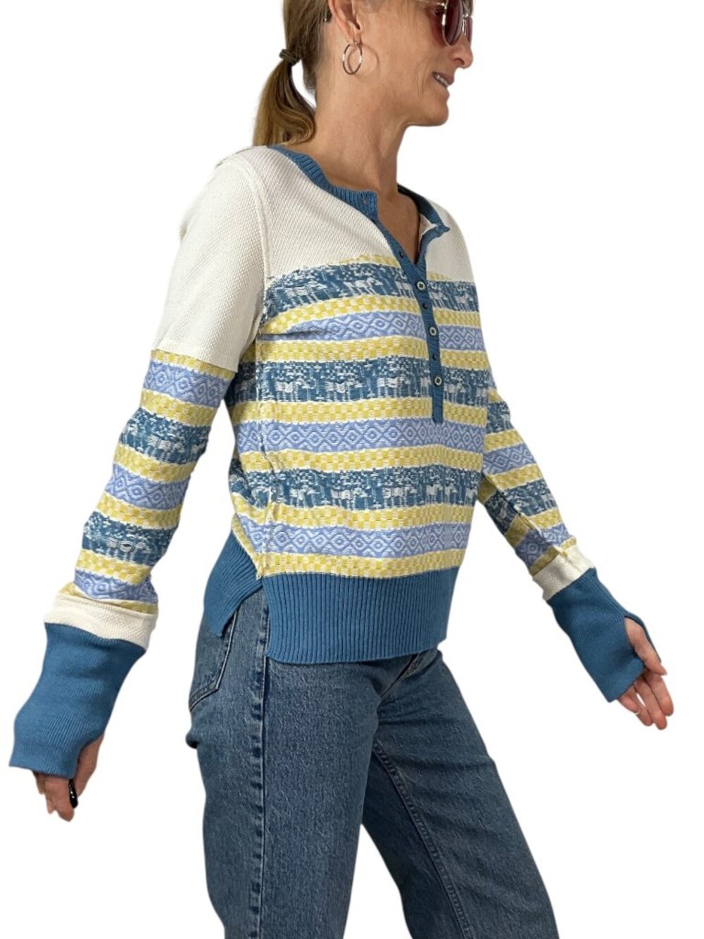 Free People We The Free To The Woods Henley Sweater S Light Combo Thermal - Picture 5 of 16